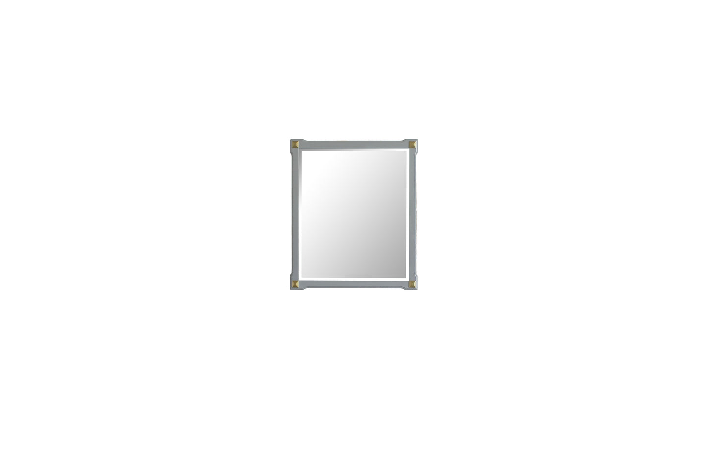 Gray framed rectangular vanity mirror with gold corner accents