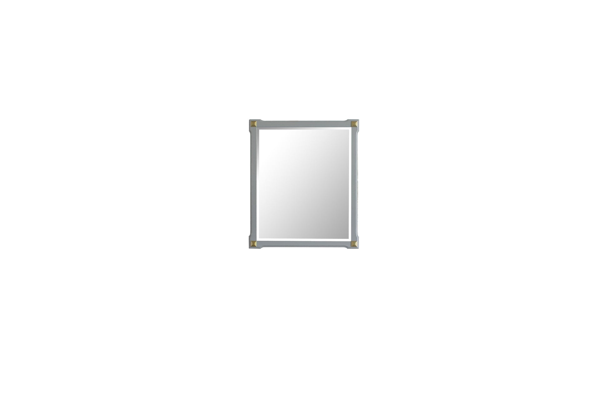 Gray framed rectangular vanity mirror with gold corner accents