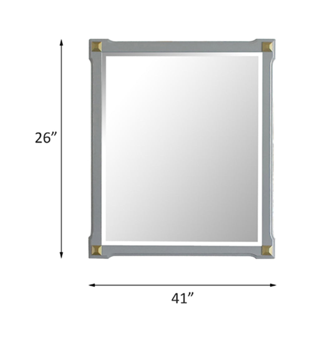 Rectangular grey framed mirror with gold corner accents