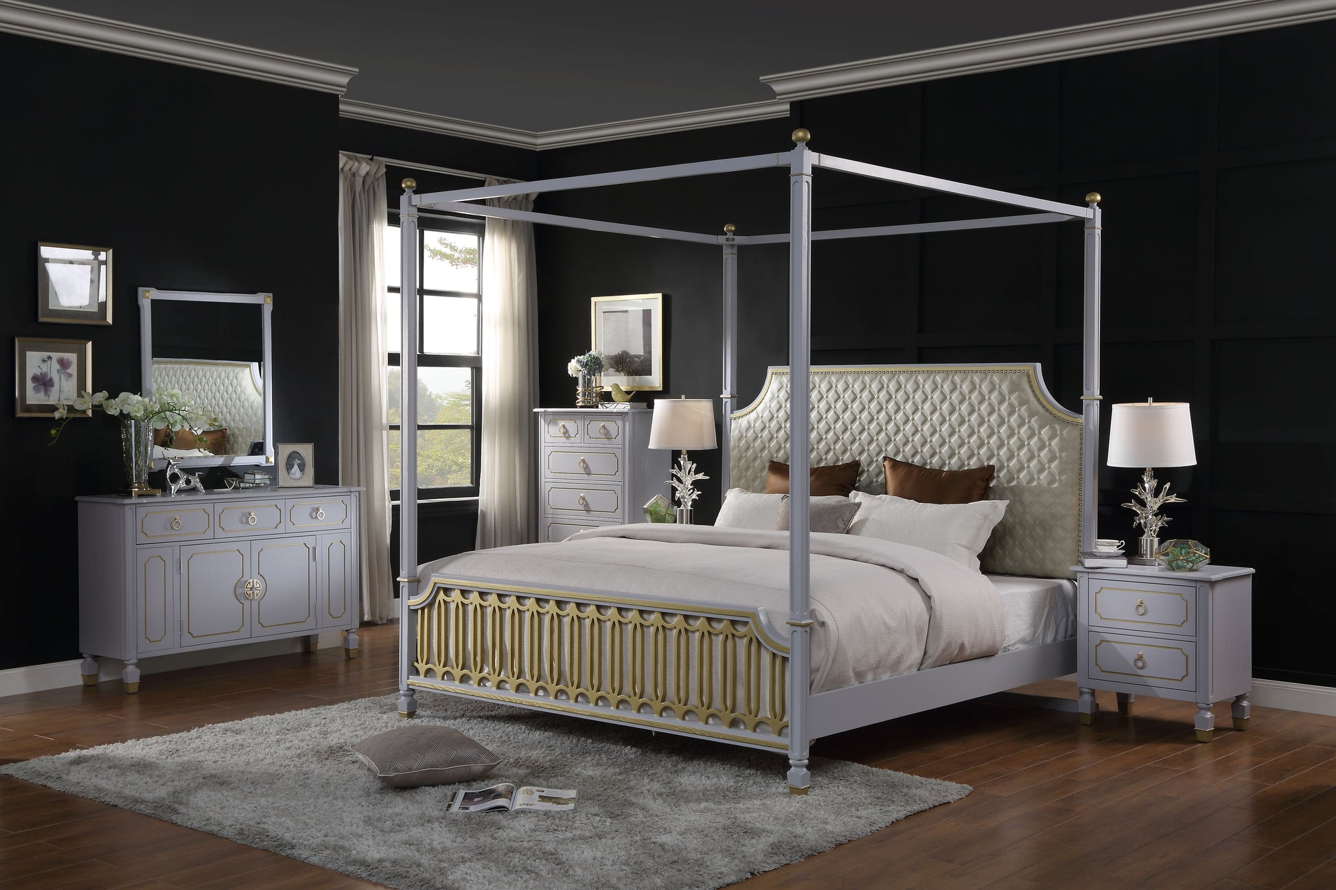 Gray and gold canopy bed with tufted headboard