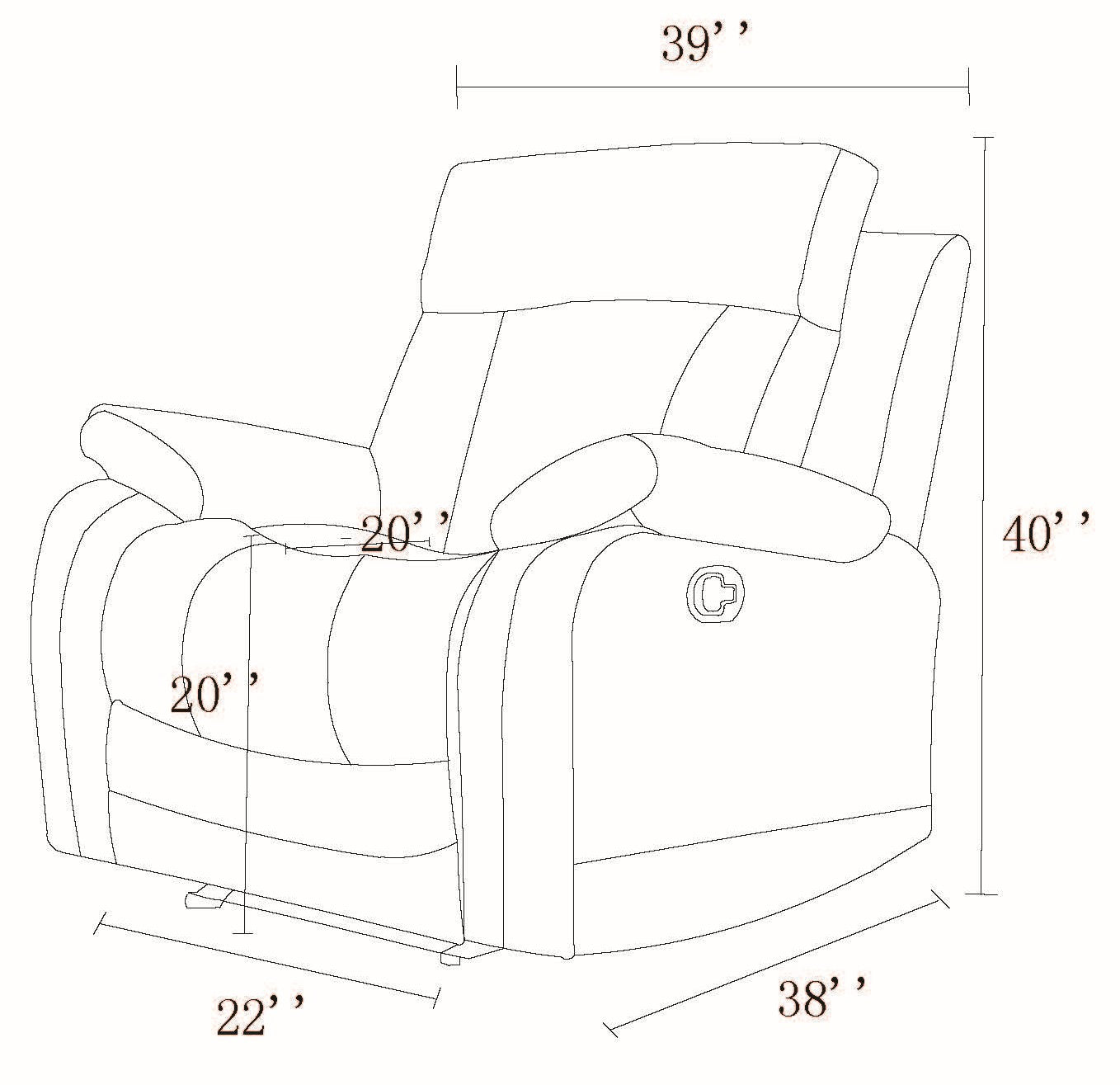 Line drawing of a plush recliner chair with dimensions indicating width and height