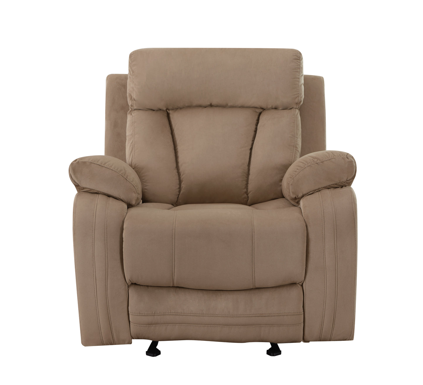Plush taupe fabric recliner with padded armrests and lumbar support for ultimate comfort