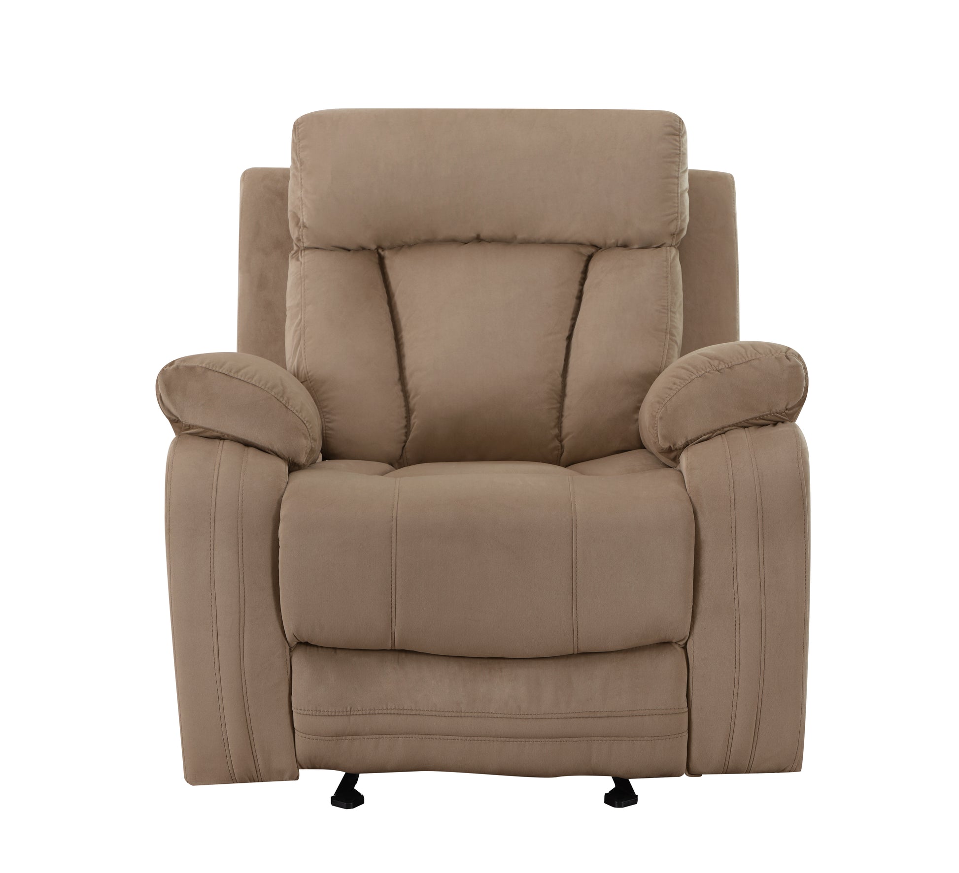 Plush taupe fabric recliner with padded armrests and lumbar support for ultimate comfort