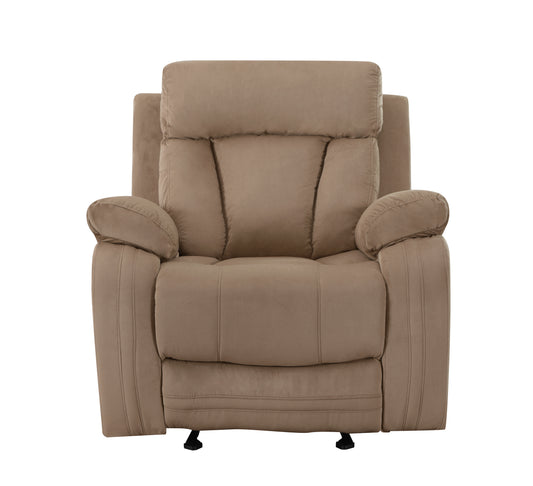 Plush taupe fabric recliner with padded armrests and lumbar support for ultimate comfort