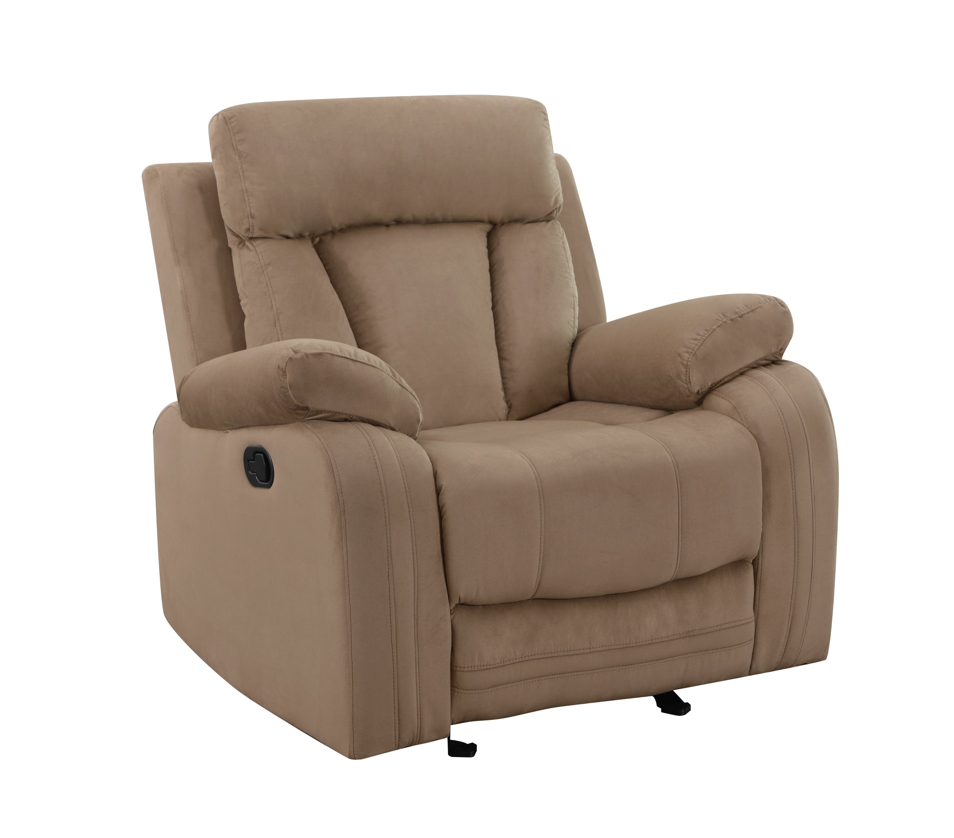 Taupe upholstered manual recliner chair with padded arms