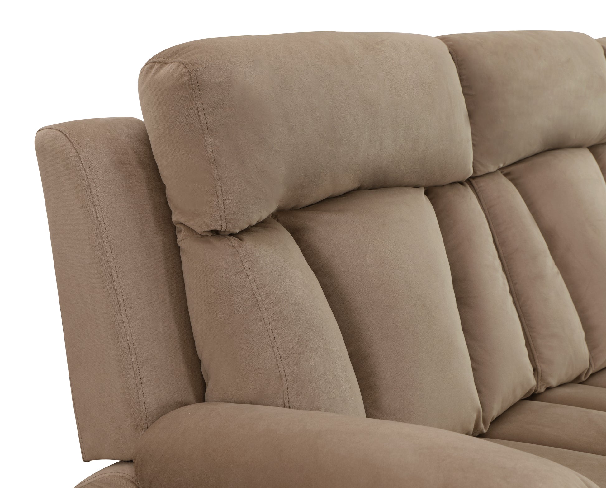 Taupe fabric reclining sofa headrest and arm detail