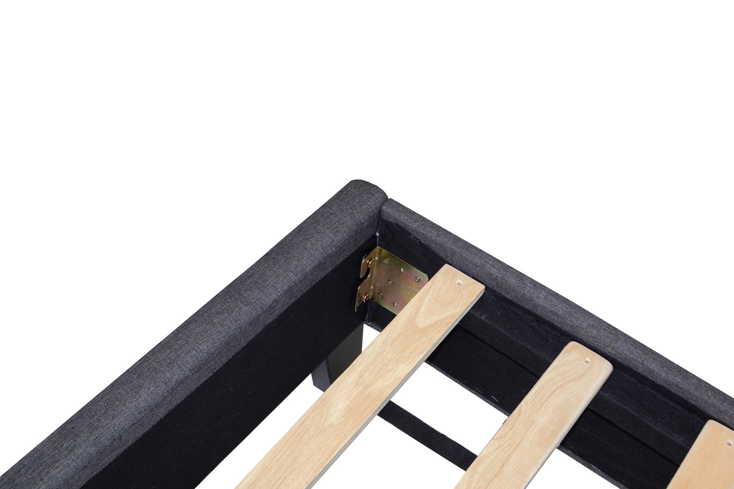 Closeup of dark grey fabric bed frame corner with metal brackets and wooden slats