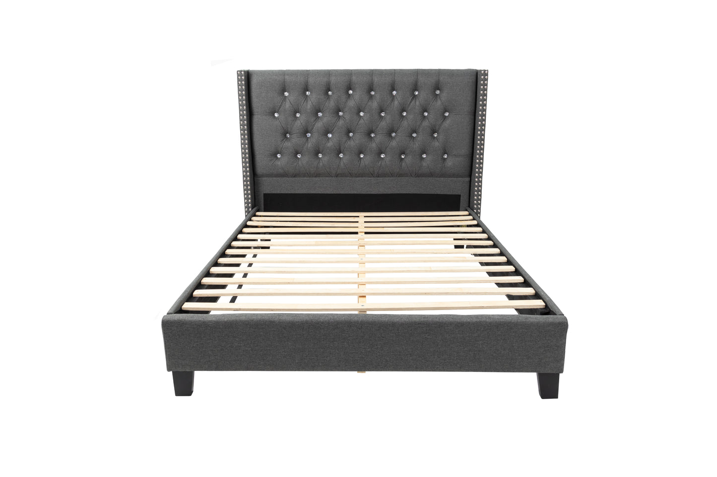 Dark grey upholstered bed frame with crystal tufting on headboard