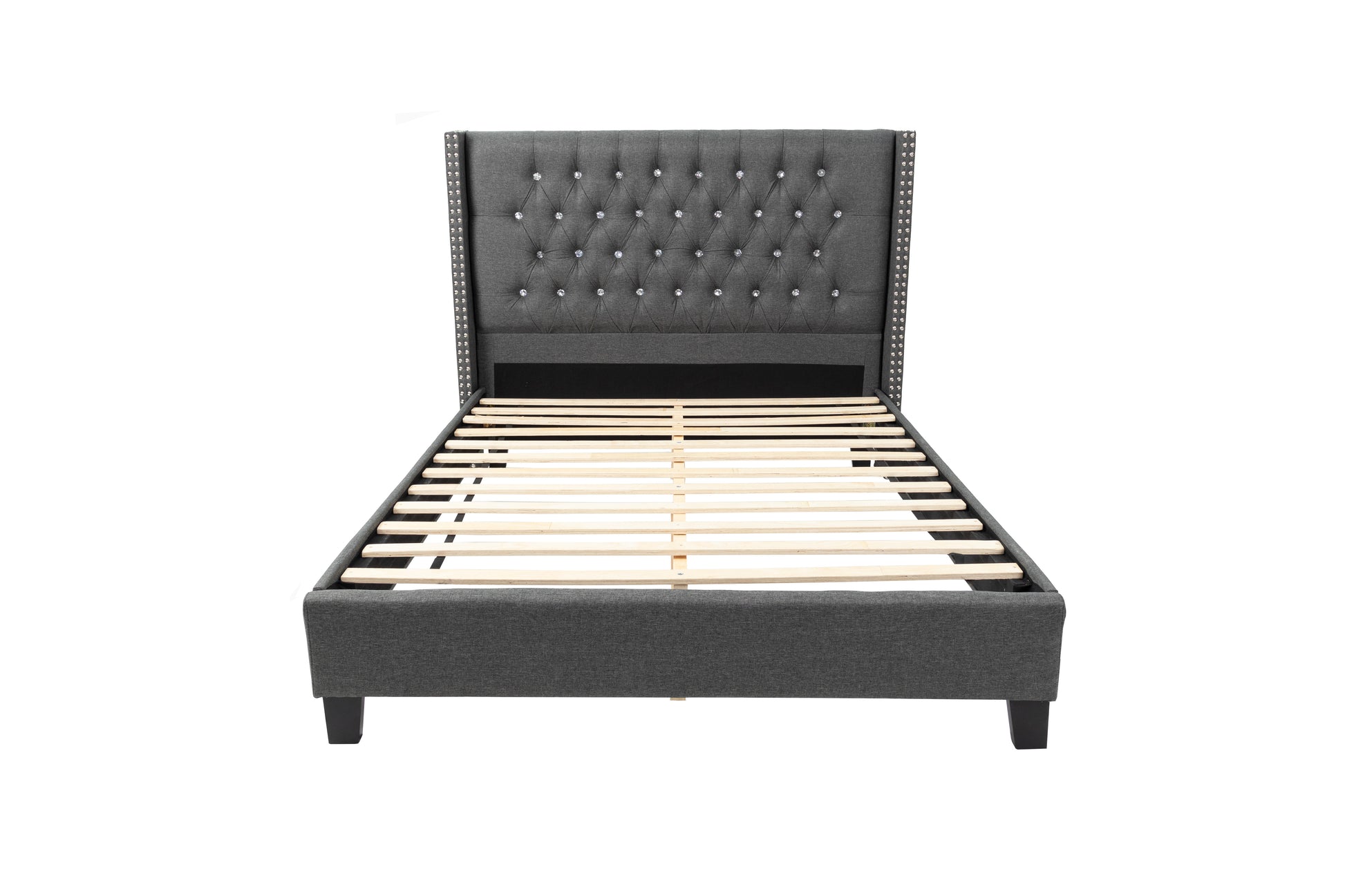 Dark grey upholstered bed frame with crystal tufting on headboard