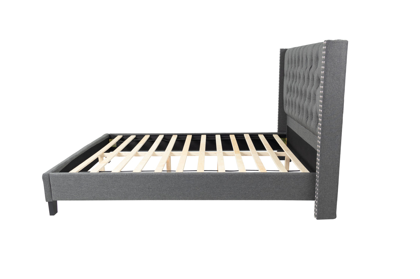 Gray upholstered king bed frame with tufted wingback headboard and wooden slats