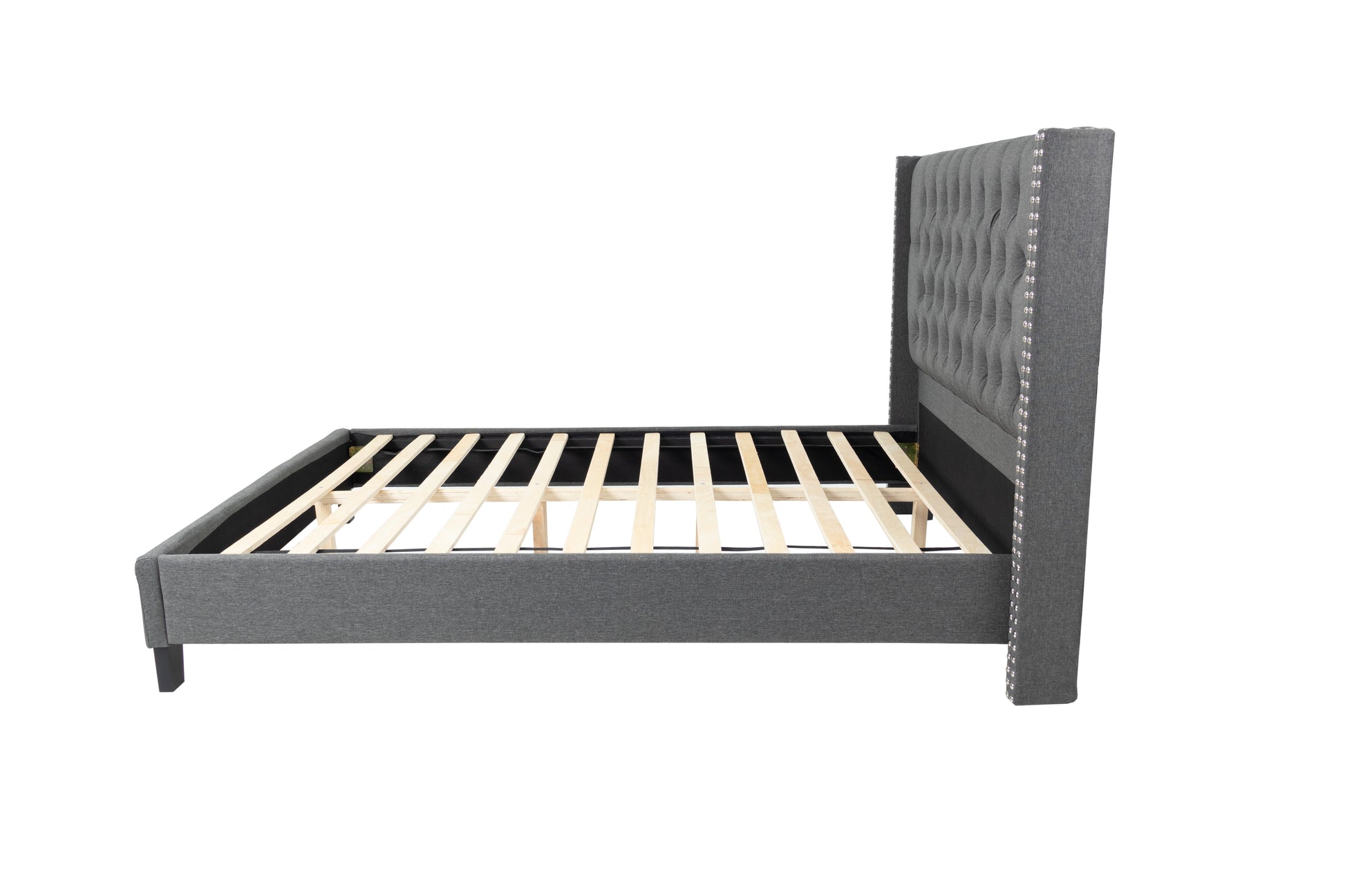 Gray upholstered king bed frame with tufted wingback headboard and wooden slats