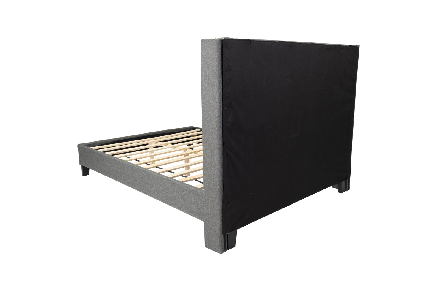 Grey upholstered bed frame with slatted wooden base and a tall headboard