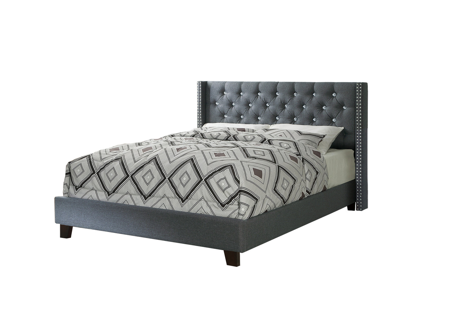 Dark gray upholstered tufted wingback bed with diamond pattern bedding