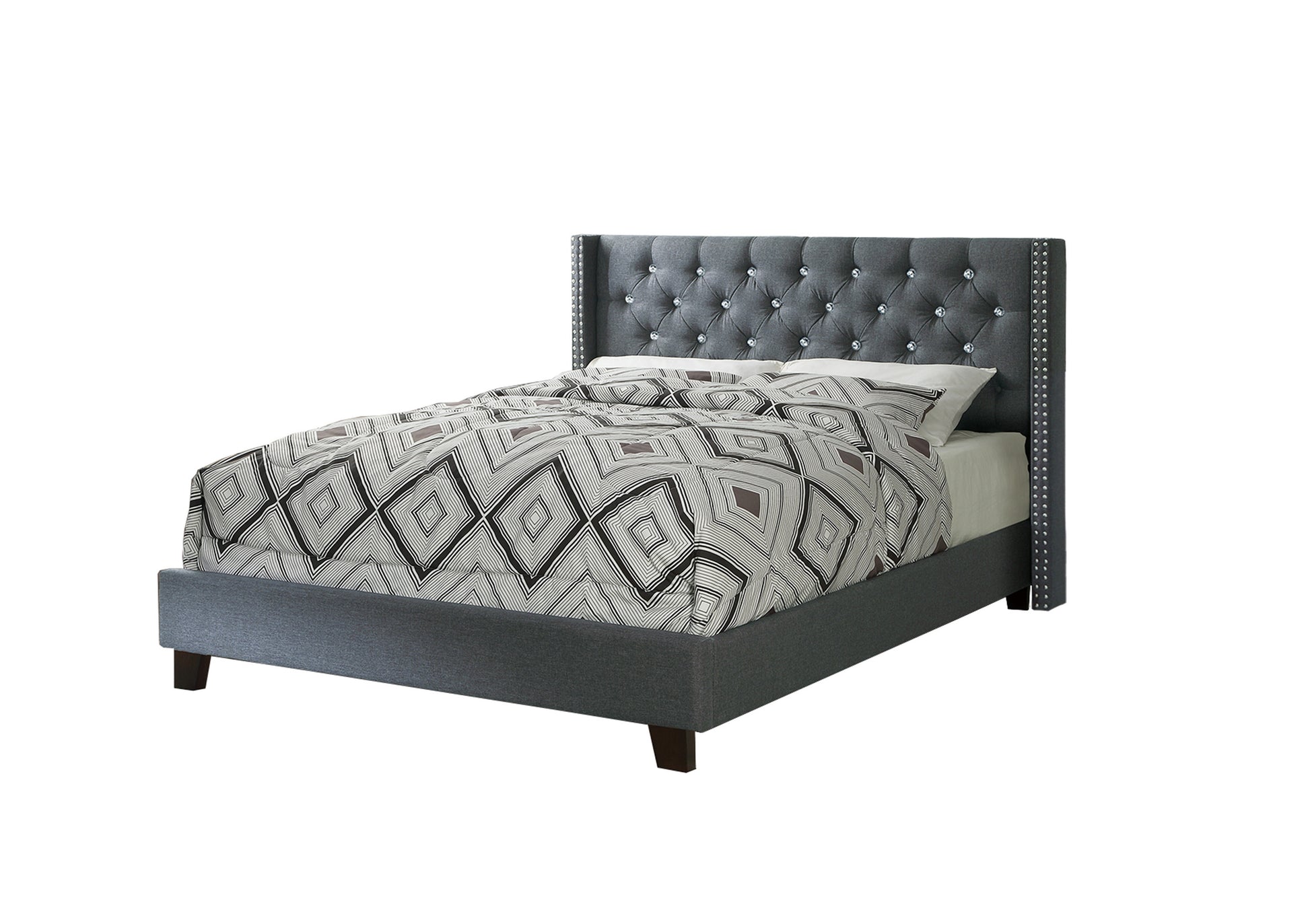 Dark gray upholstered tufted wingback bed with diamond pattern bedding