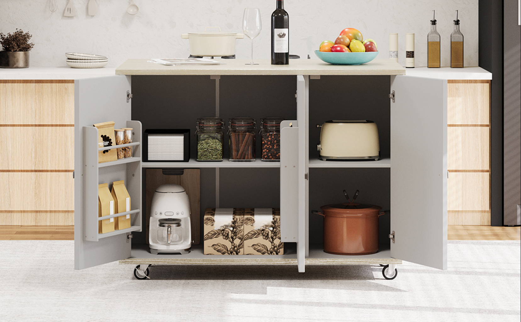 Compact kitchen cart with white stand mixer and countertop appliances