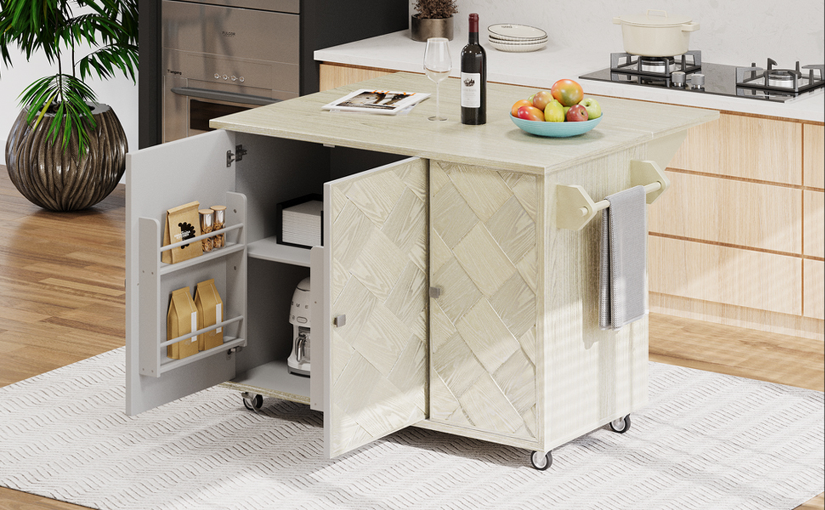 Compact kitchen island with white wash wood finish and storage drawers