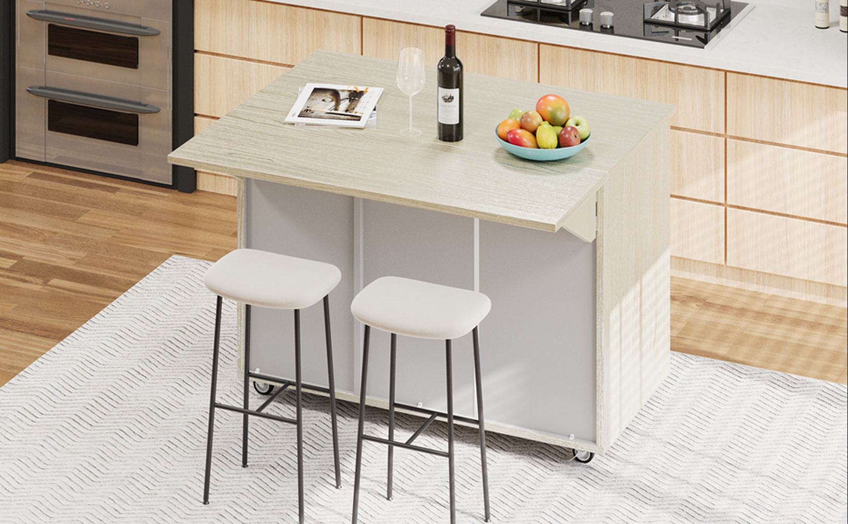 Compact kitchen island with drop leaf and white stools