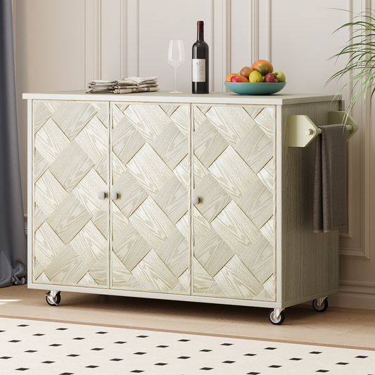 White woven cabinet with three doors on wheels