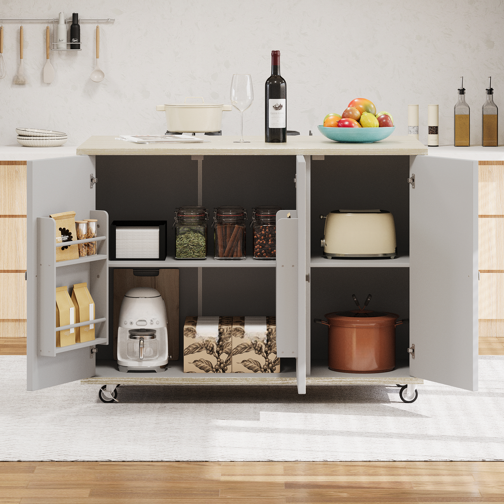 Compact white coffee maker on kitchen cart shelf