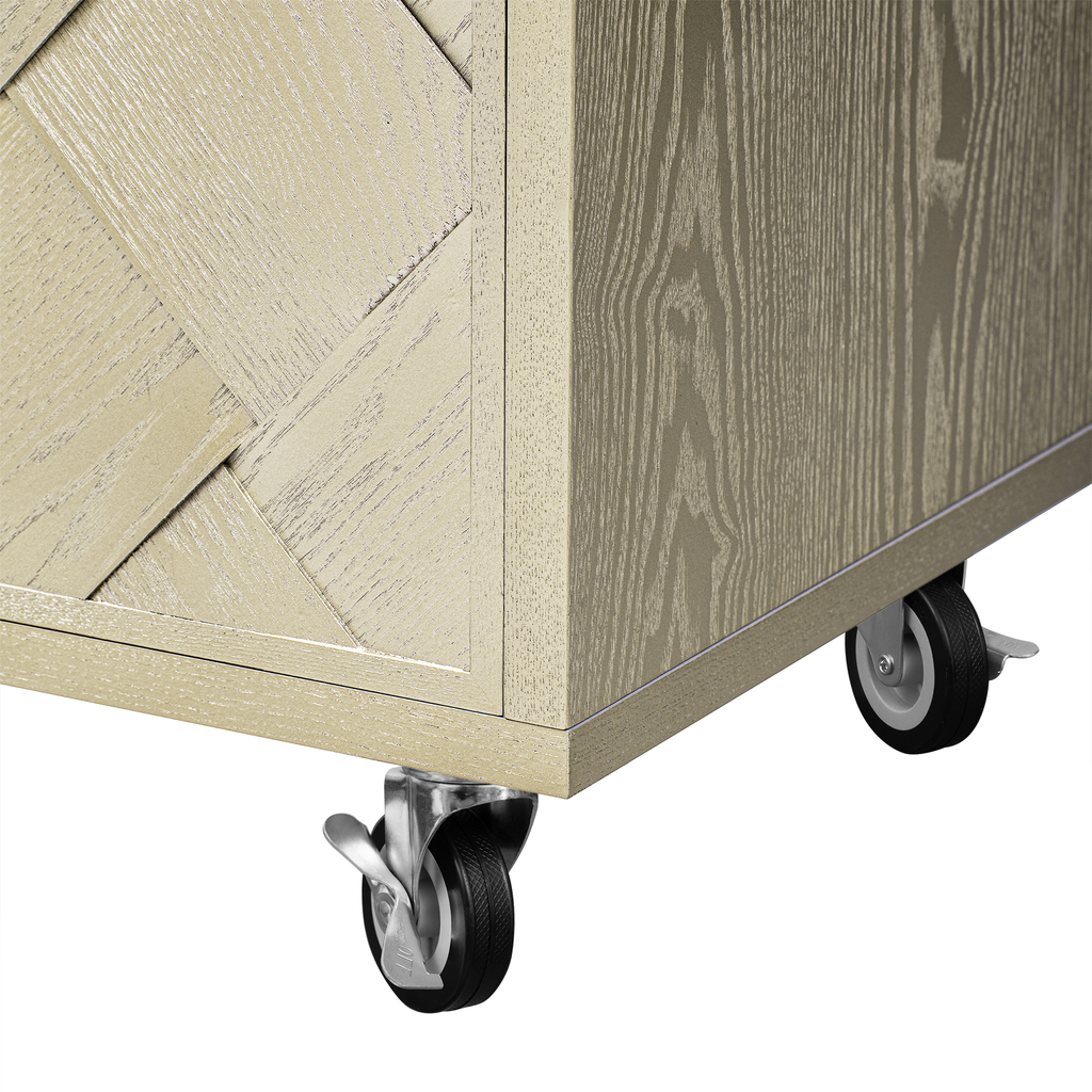 Light oak cabinet with woven detail and casters