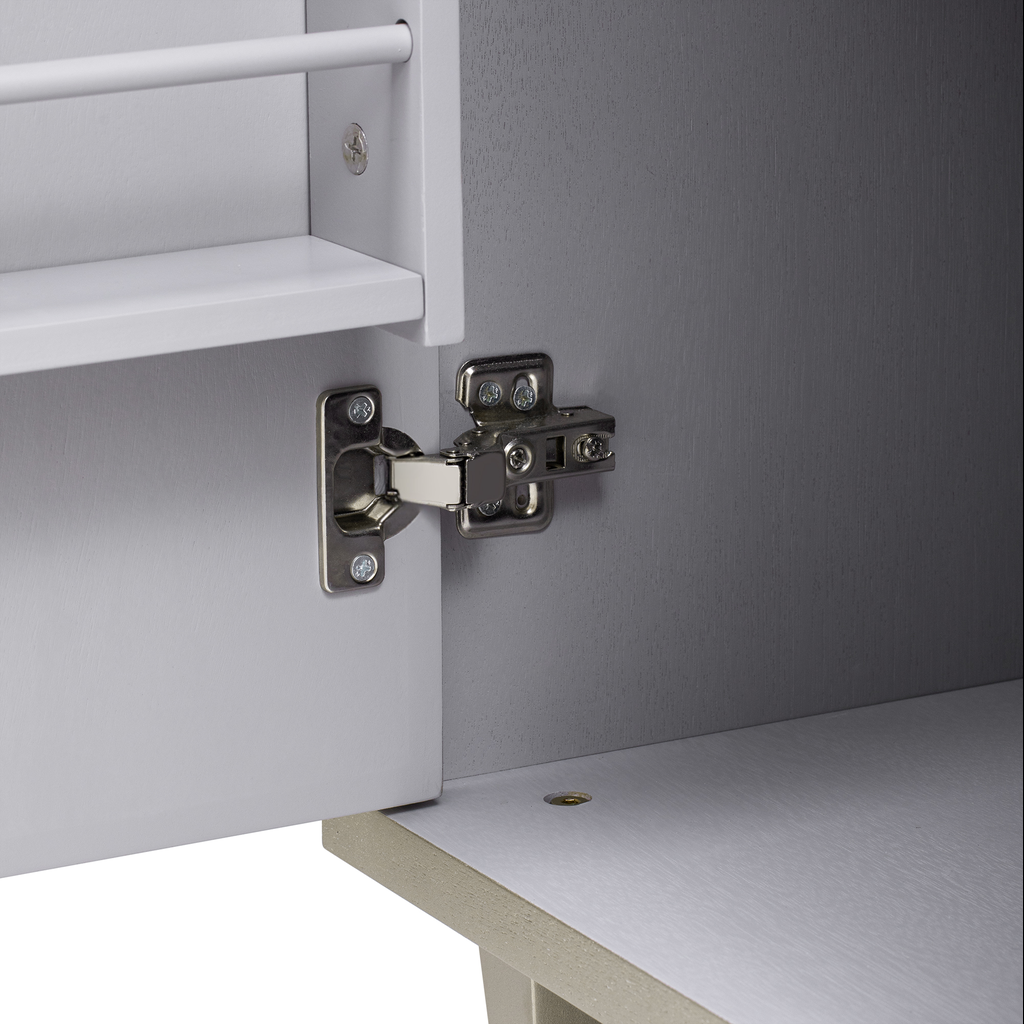 Closeup of a metal cabinet hinge on a grey and white storage unit