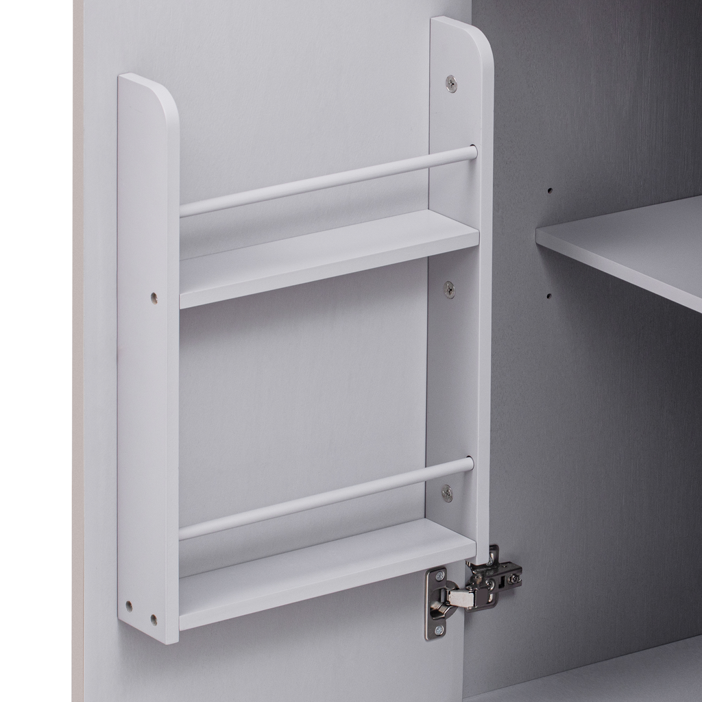 Light gray wallmounted bookshelf with two shelves and a safety rail