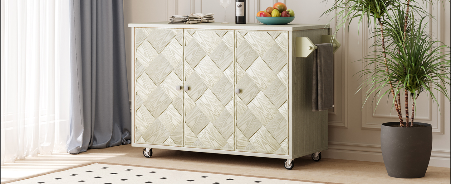 White oak cabinet with herringbone pattern doors and silver knobs