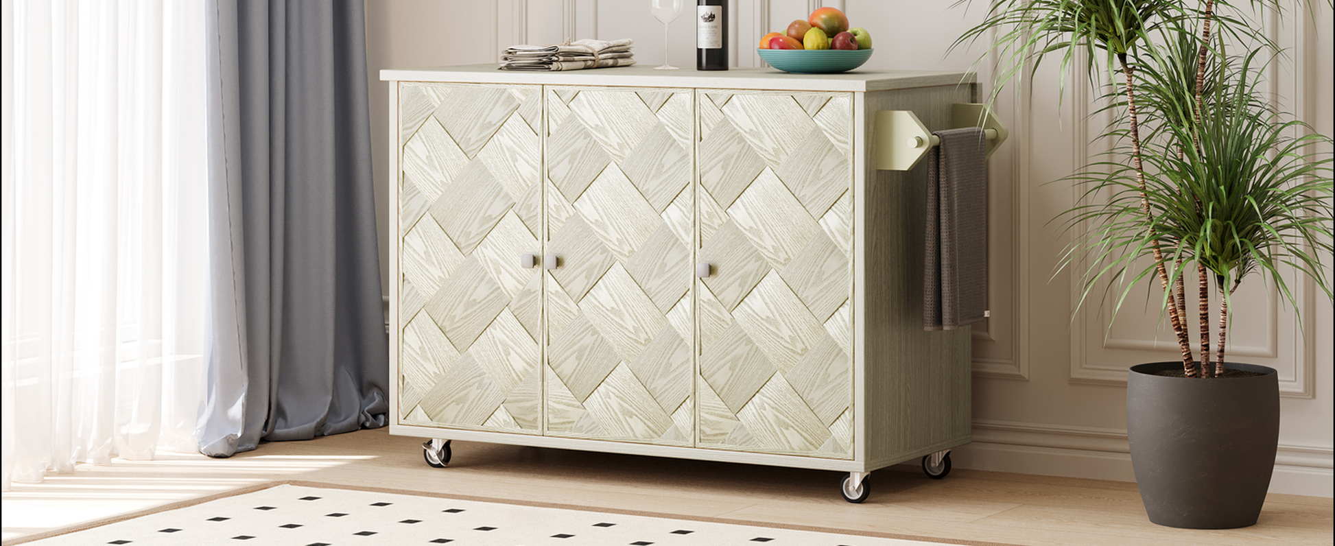 White oak cabinet with herringbone pattern doors and silver knobs