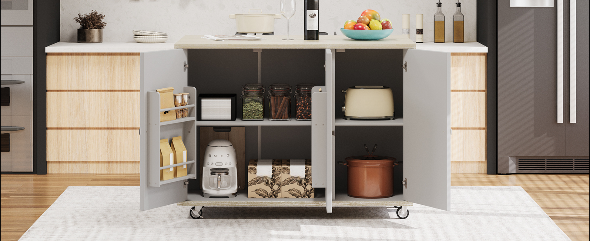 White SMEG drip coffee maker on a rolling kitchen island