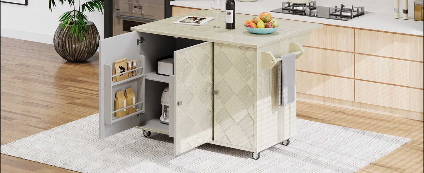 Light oak kitchen island with diamondpatterned doors and towel rack