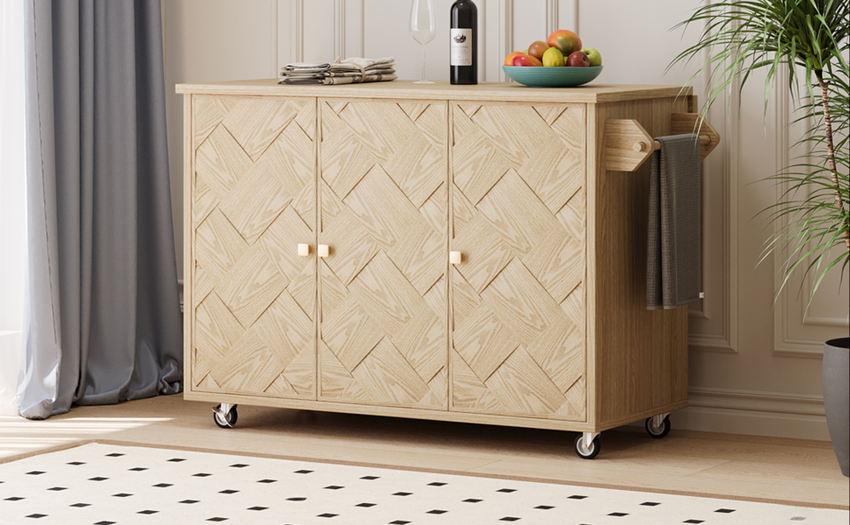 Light oak kitchen island with herringbone door pattern and brass knobs