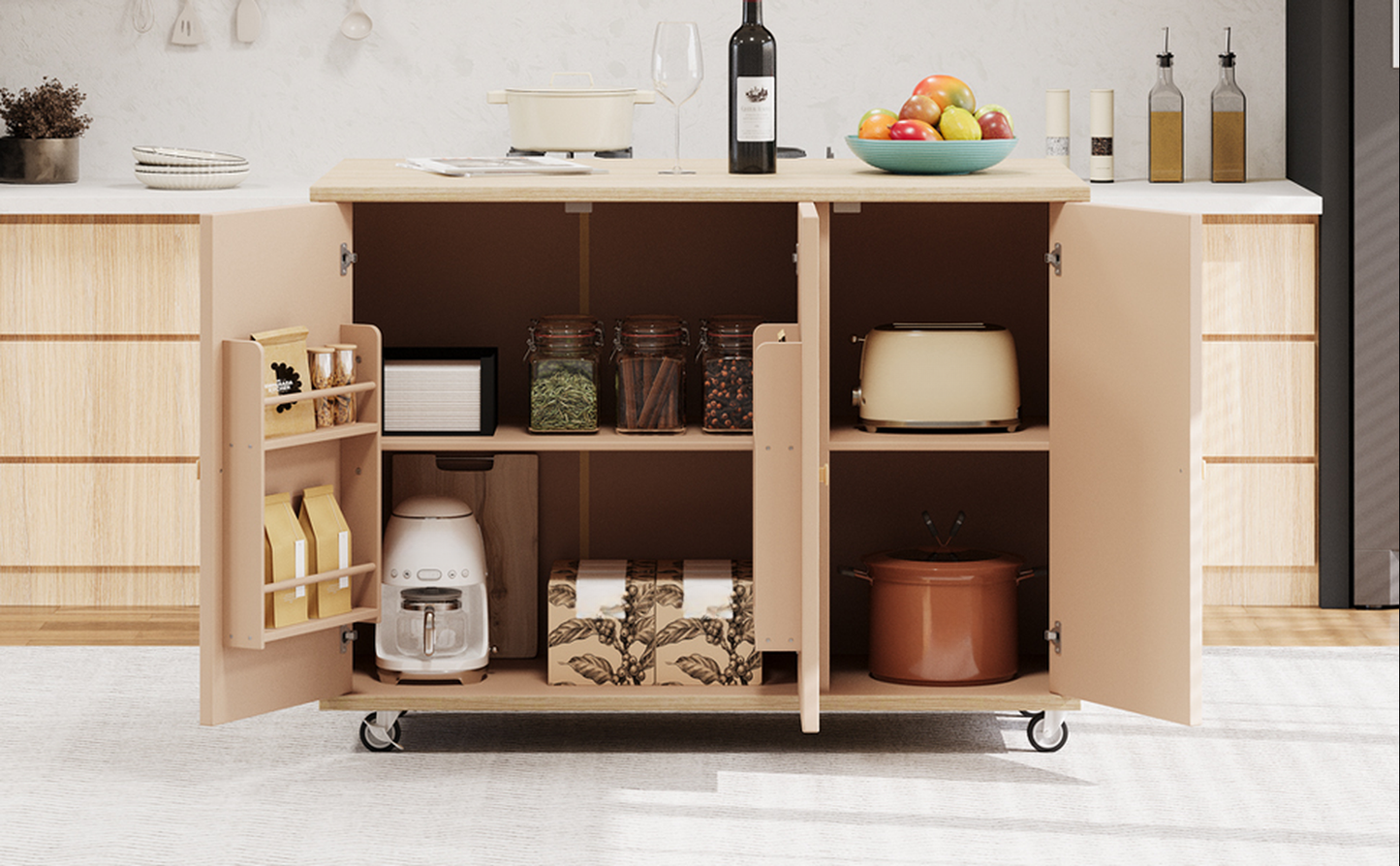 Beige kitchen island cart with coffee maker and toaster storage