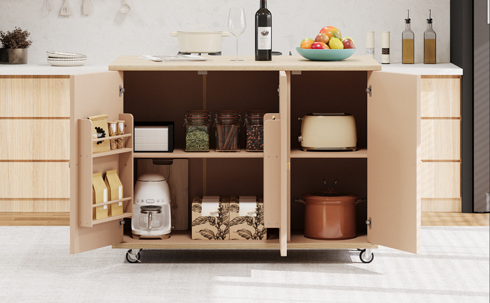 Beige kitchen island cart with coffee maker and toaster storage