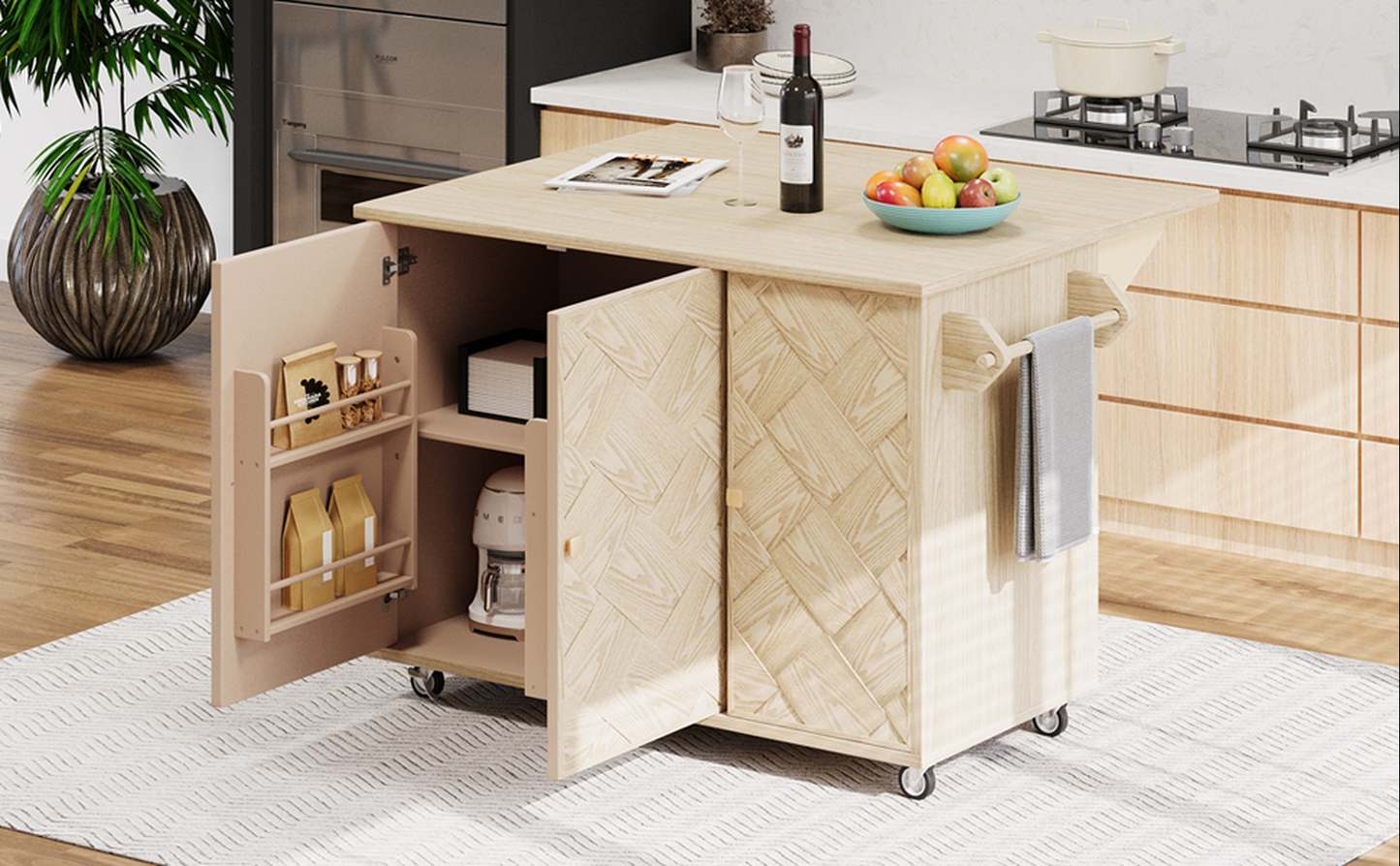 Light wood kitchen island cart with open doors