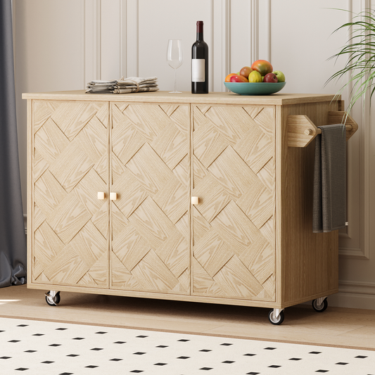 Light oak kitchen island with woven door fronts and towel rack