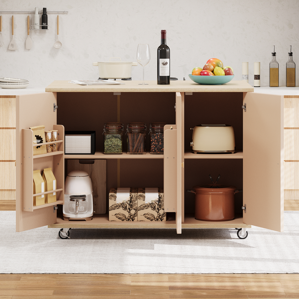 Light oak kitchen island cart with open doors revealing storage