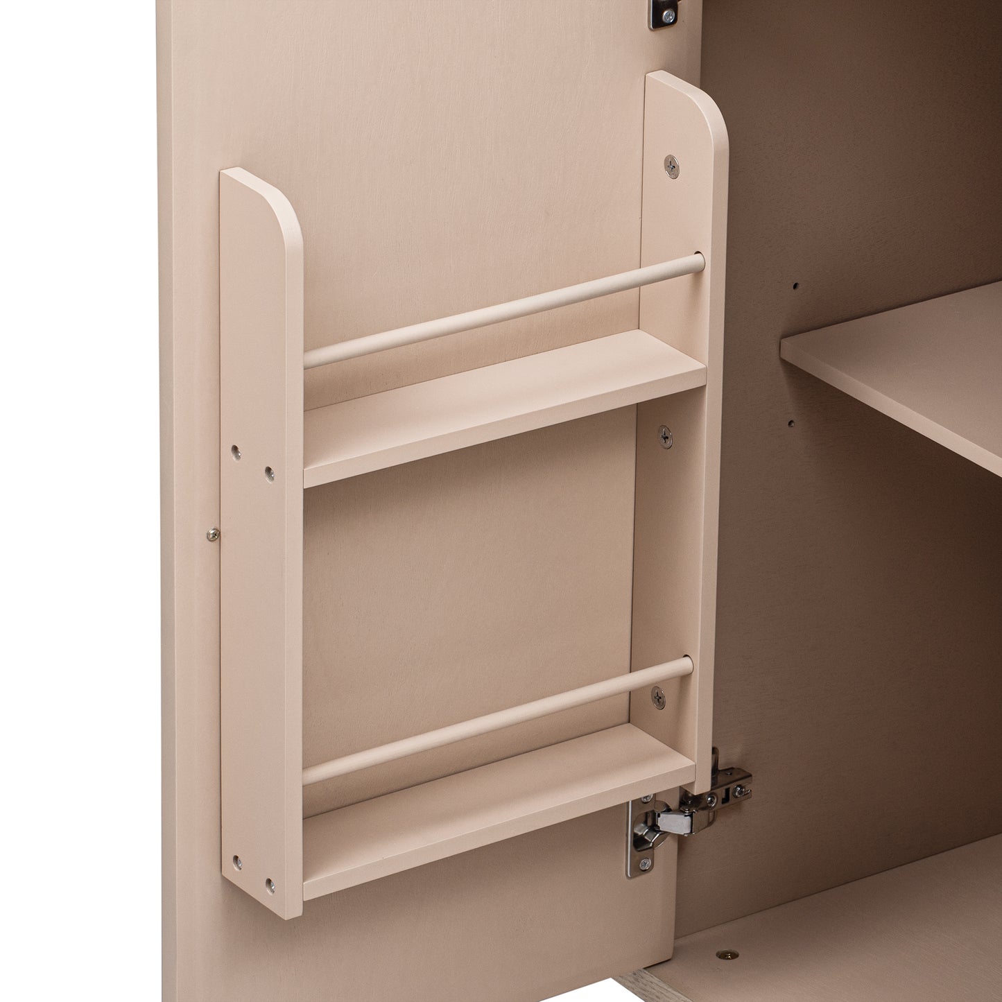 Beige wooden cabinet with interior shelves and rail