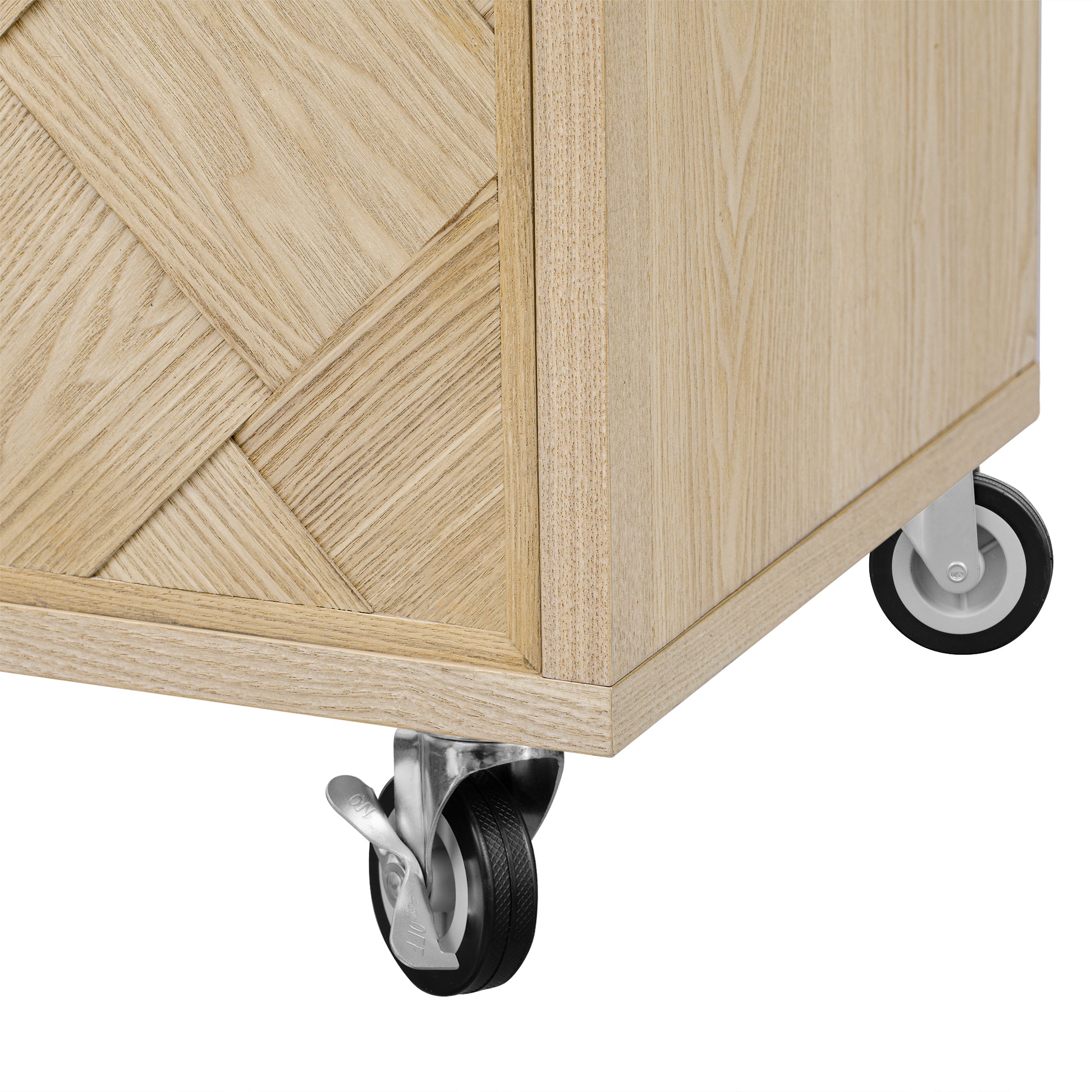 Light oak storage cabinet with geometric patterned drawer front and swivel casters