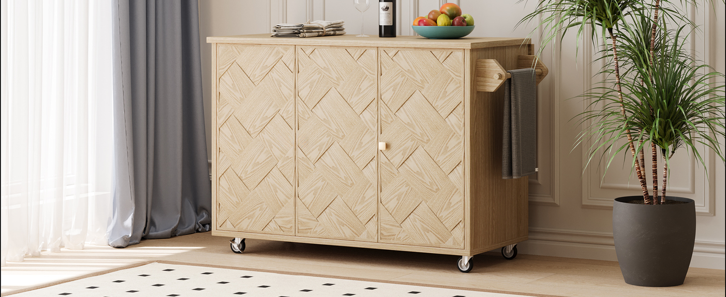 Light oak kitchen cart with woven door pattern