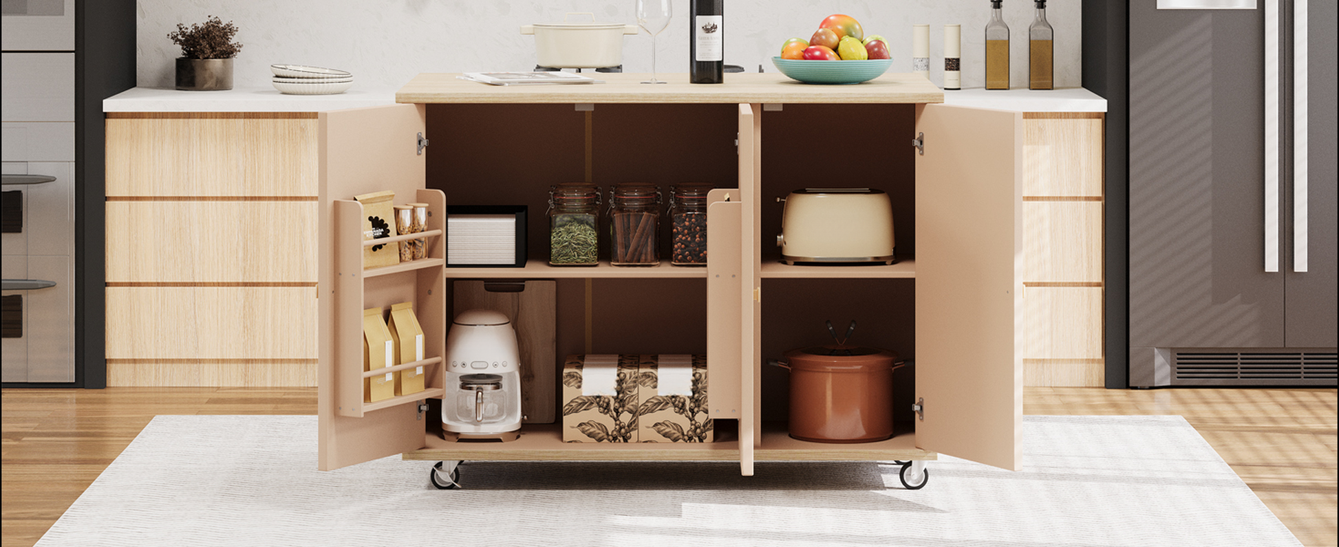 Creamcolored retro toaster on a kitchen cart shelf
