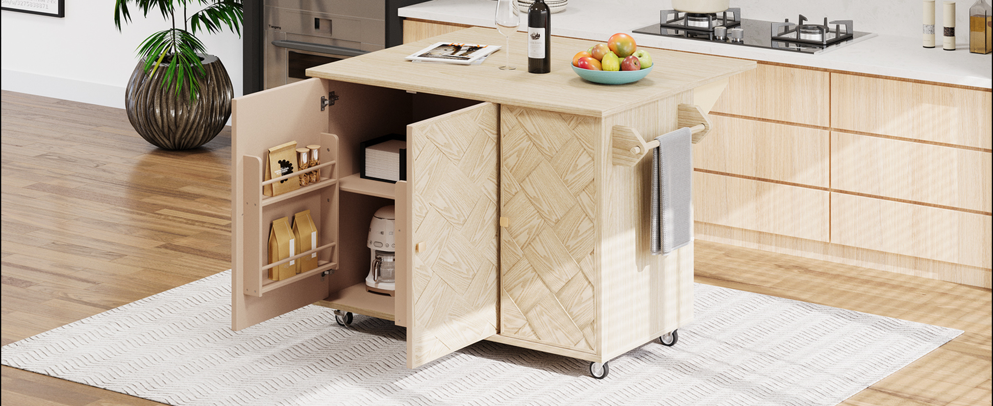Light wood mobile kitchen island with braided door fronts