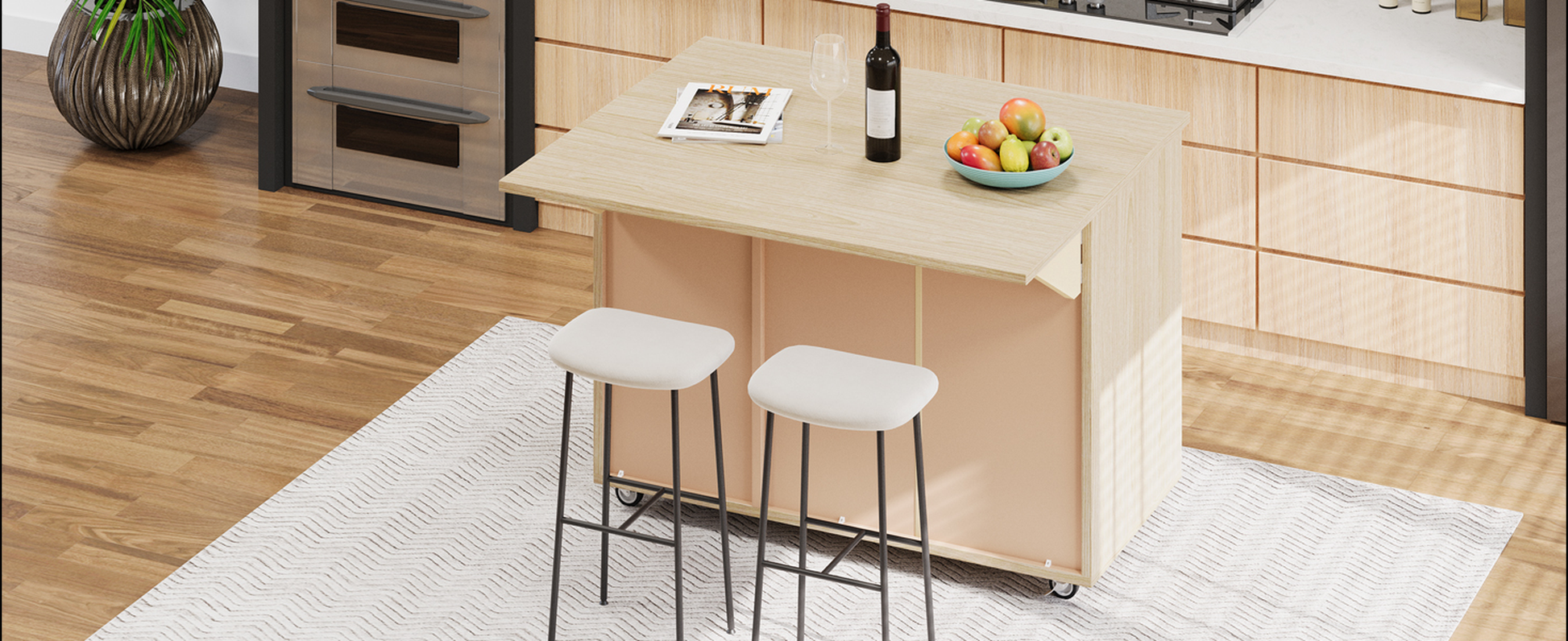 Modern light wood kitchen island with two white stools