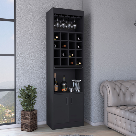 Tall dark gray bar cabinet with wine bottle cubbies glass rack and lower storage