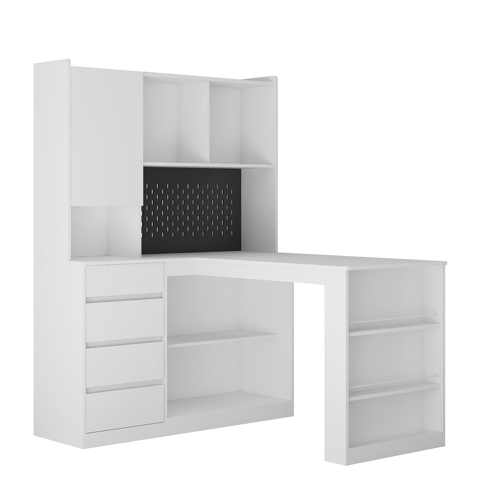 Modern white minimalist computer desk with integrated hutch and shelves