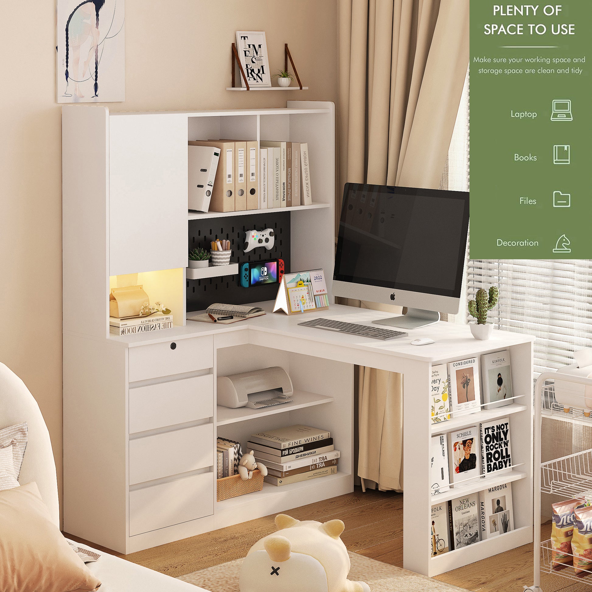 Modern white corner desk with integrated shelving and drawers ideal for a home office