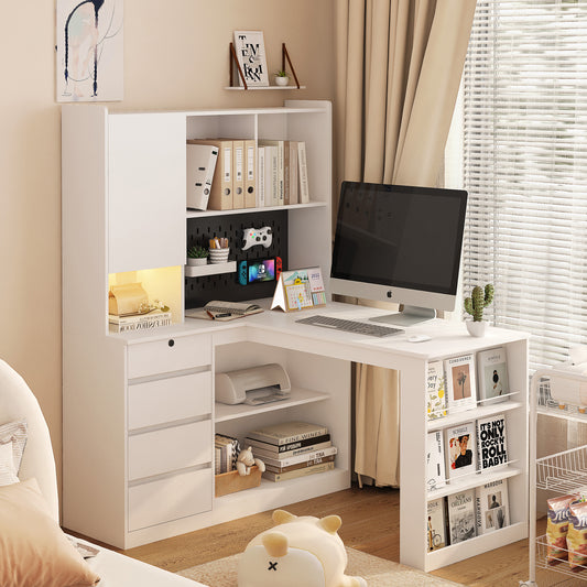 White lshaped desk with computer shelves drawers printer and gaming console