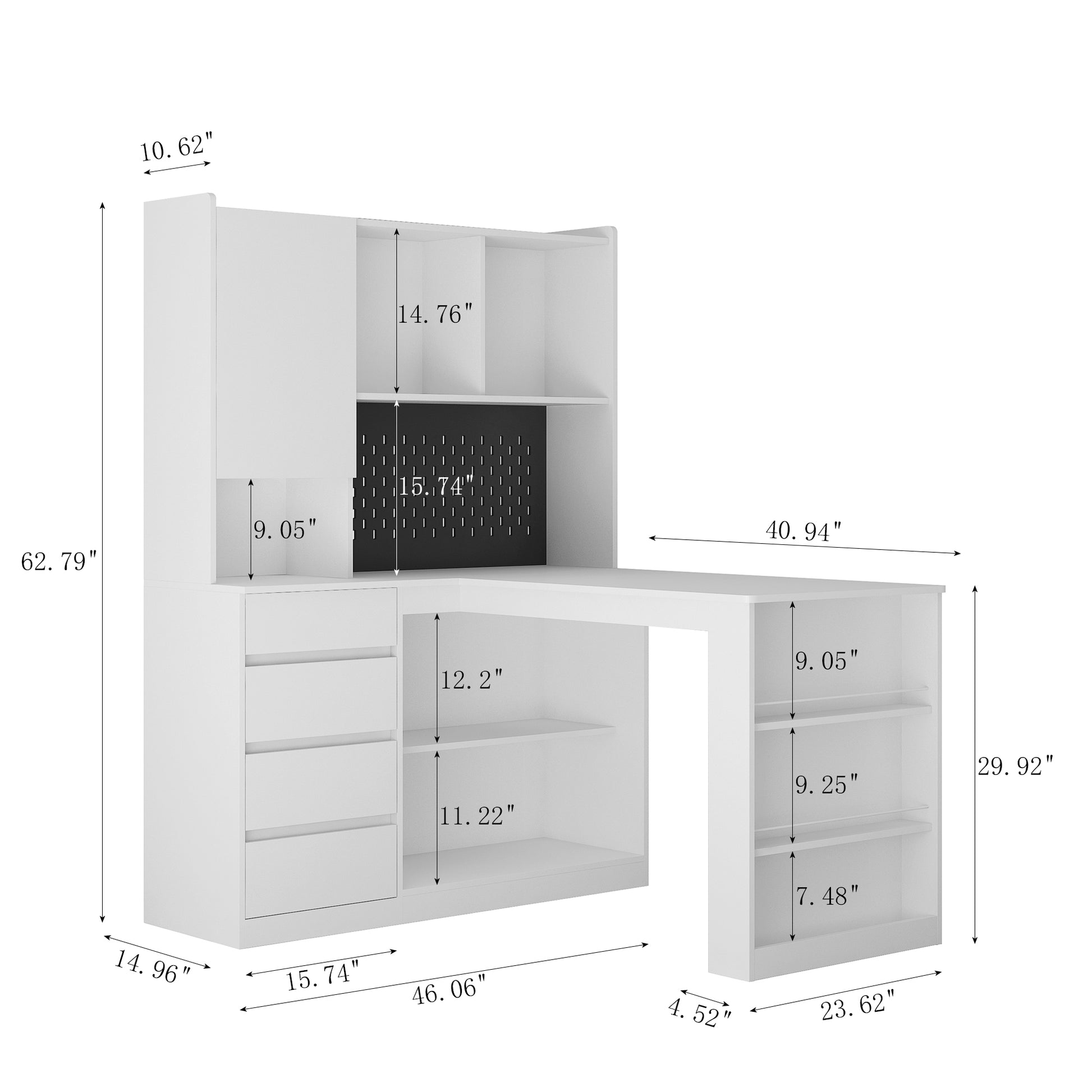 Modern white Lshaped desk with drawers and shelving unit for home office setup