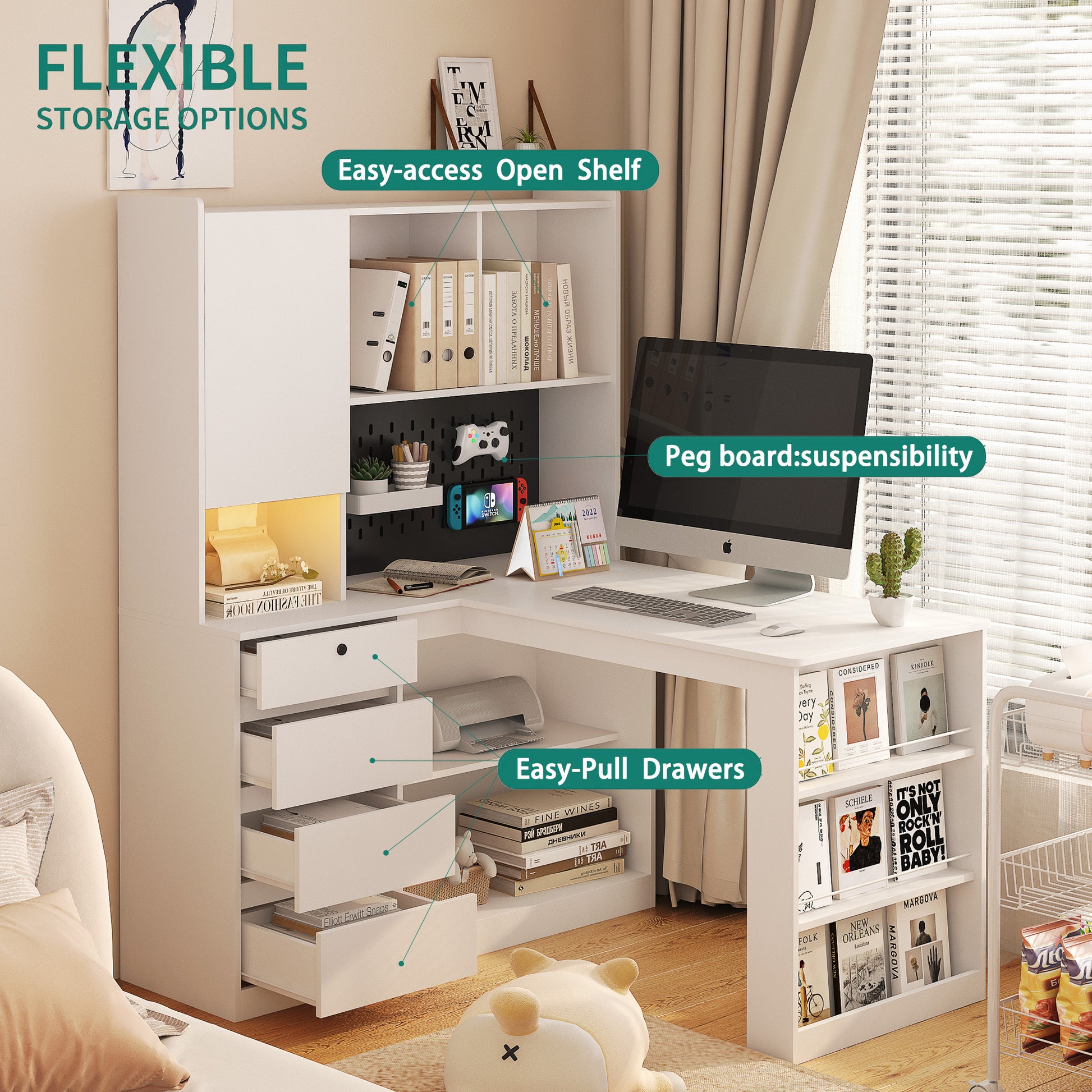 White lshaped desk with multiple storage options including drawers and shelves