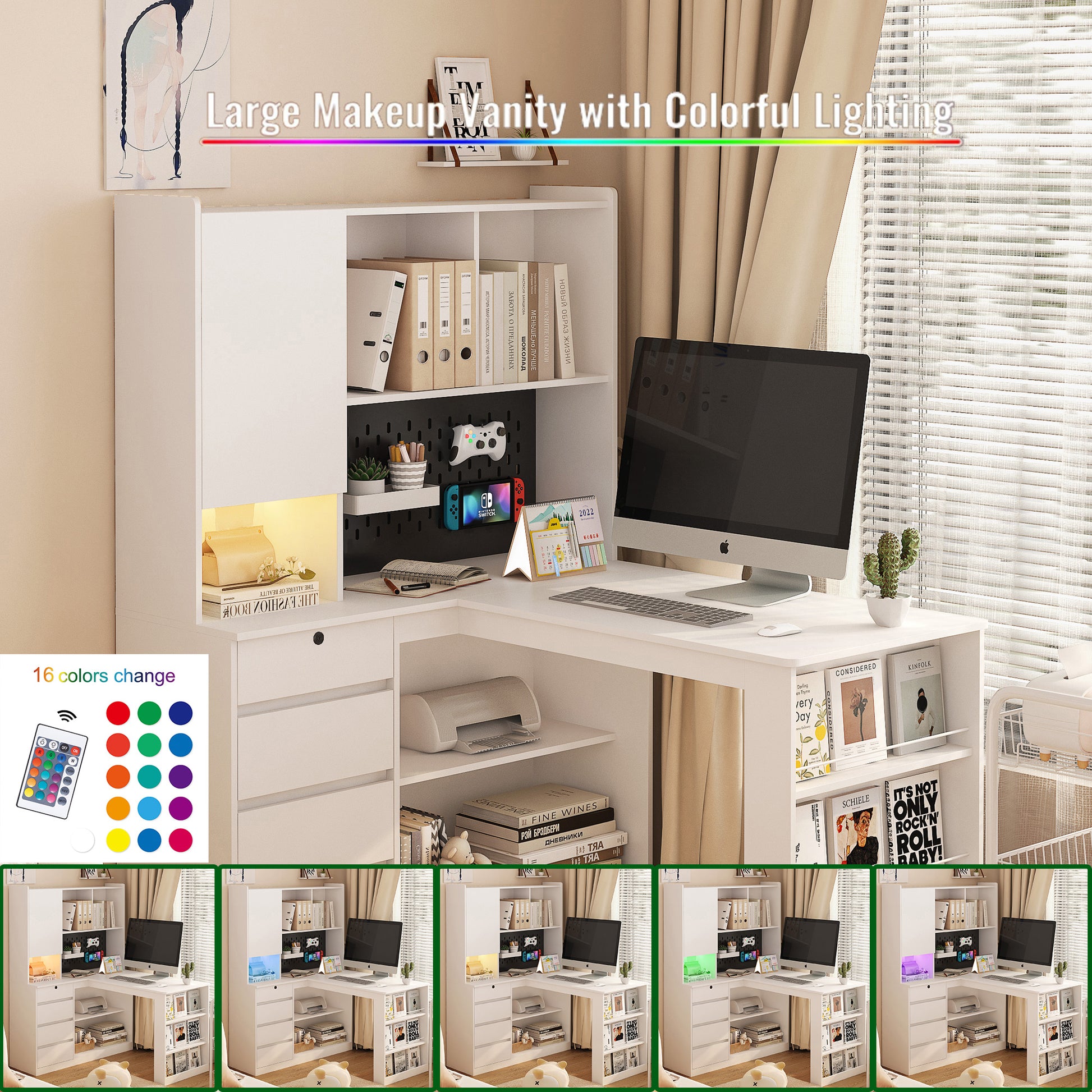 White corner computer desk with integrated shelving and colorful LED lighting accents
