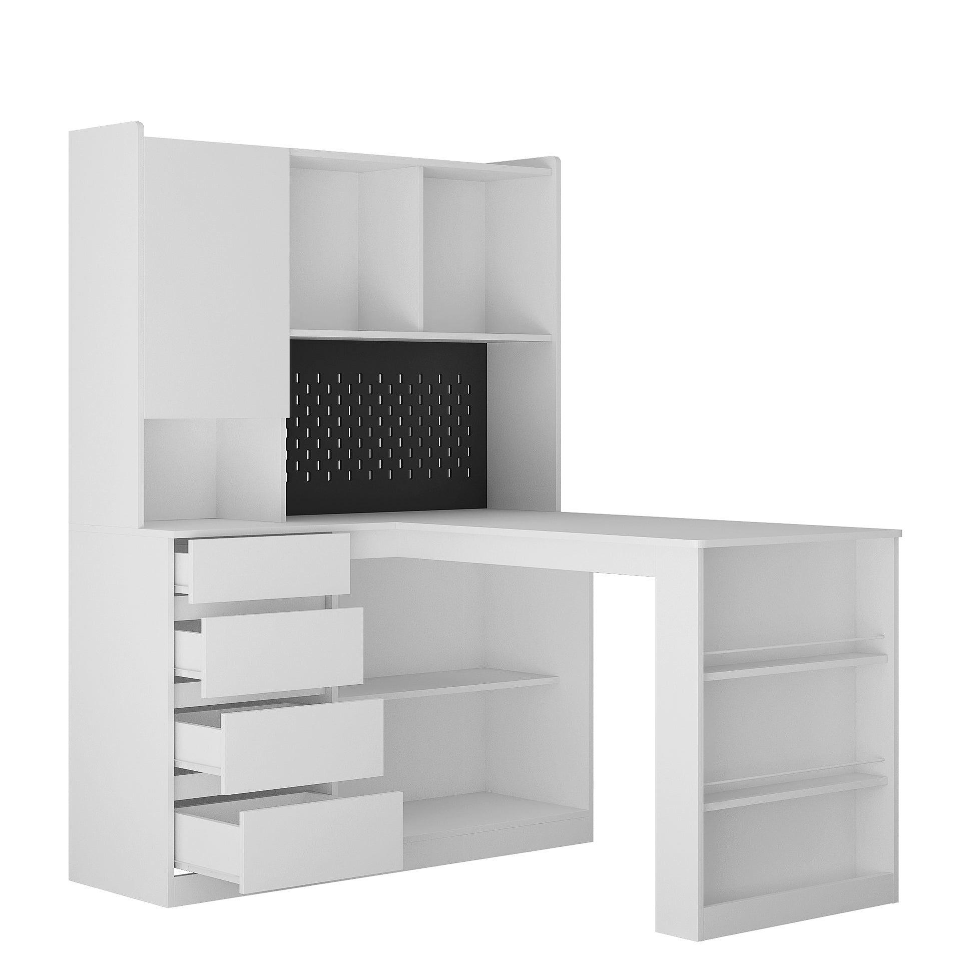 Modern white Lshaped desk with hutch and pegboard for home office organization